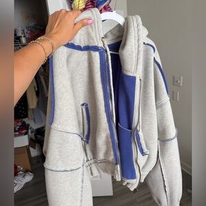 Free People Light Gray and Royal Blue Two-Tone Zip Hoodie